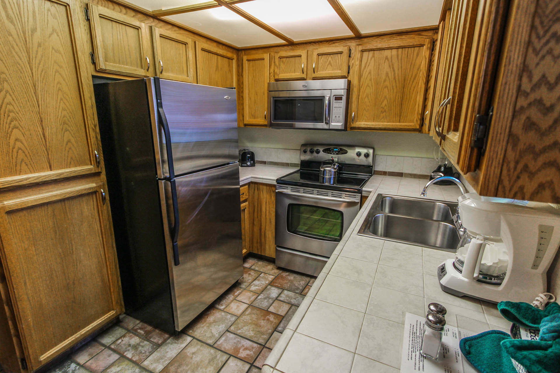 A spacious kitchen at VRI's The Lodge at Lake Tahoe in California.